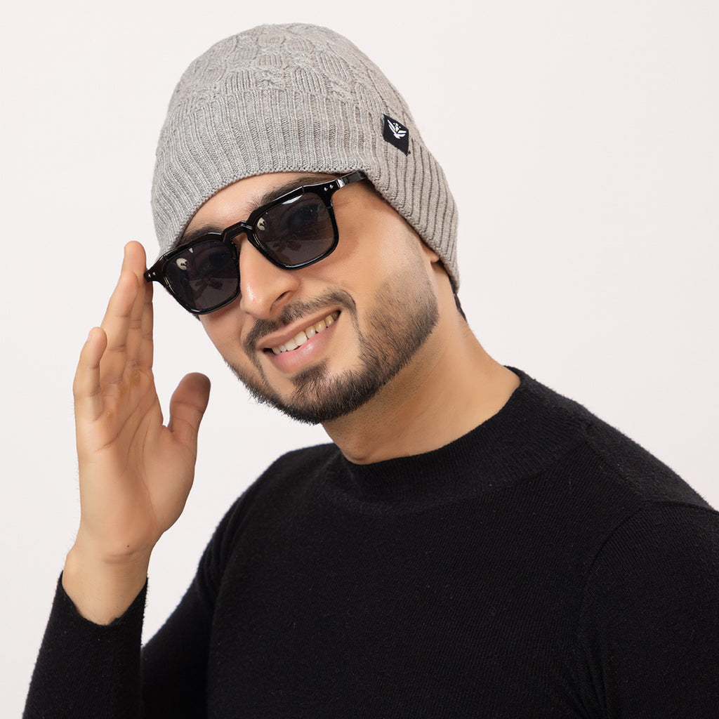 Unisex Grey Winter Wool Cap | Warm Soft Stretch Beanie with Braid Design