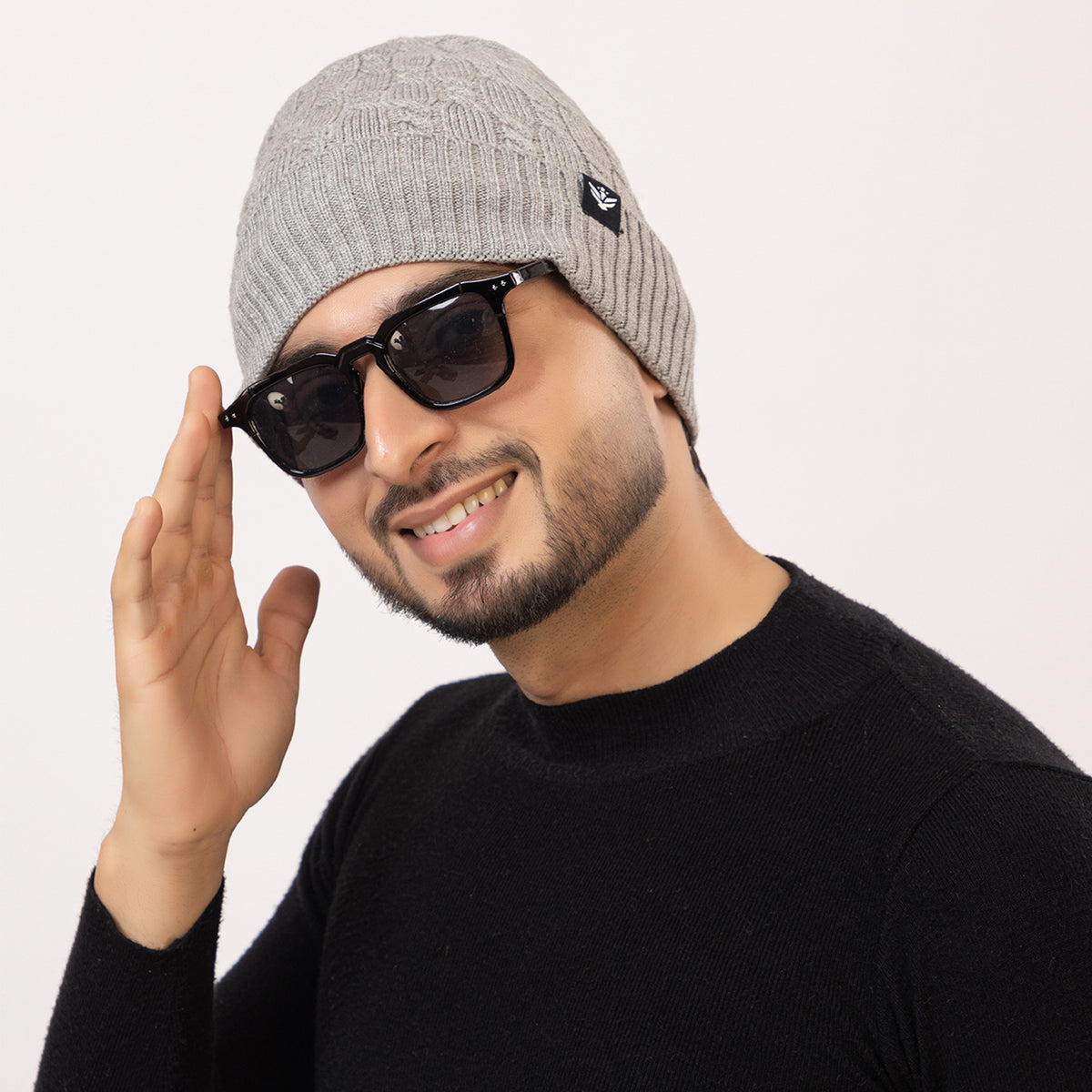 Unisex Grey Winter Wool Cap | Warm Soft Stretch Beanie with Braid Design