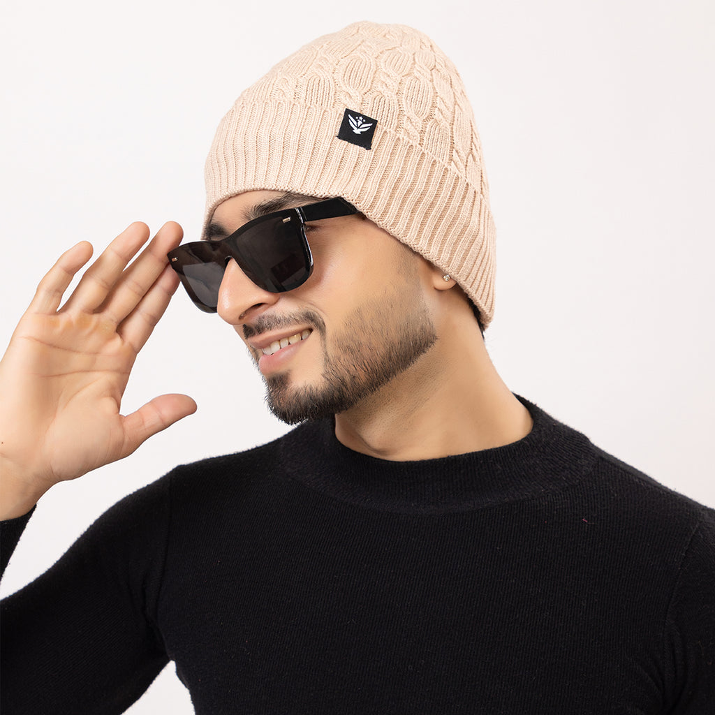 Unisex Beige Winter Wool Cap | Warm Soft Stretch Beanie with Braid Design