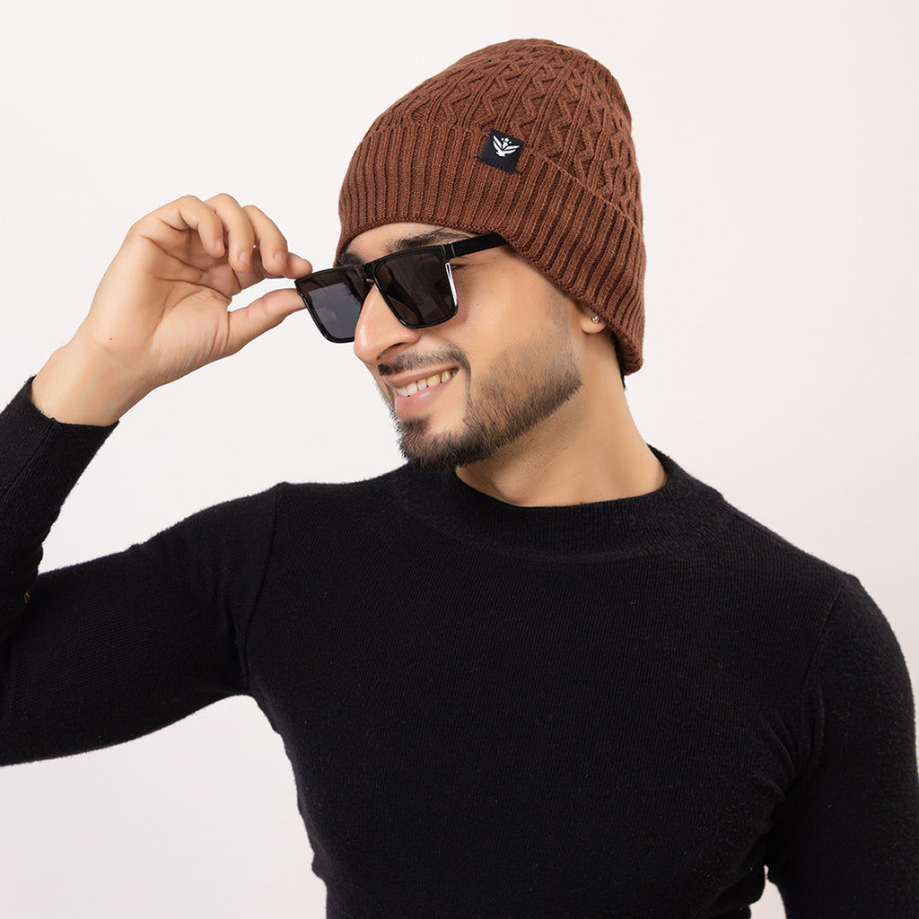 Unisex Woolen Beanie Cap | Warm Winter Hat | Zigzag Design - Brown