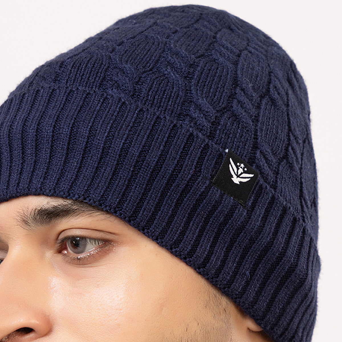 Unisex Dark Blue Winter Wool Cap | Warm Soft Stretch Beanie with Braid Design
