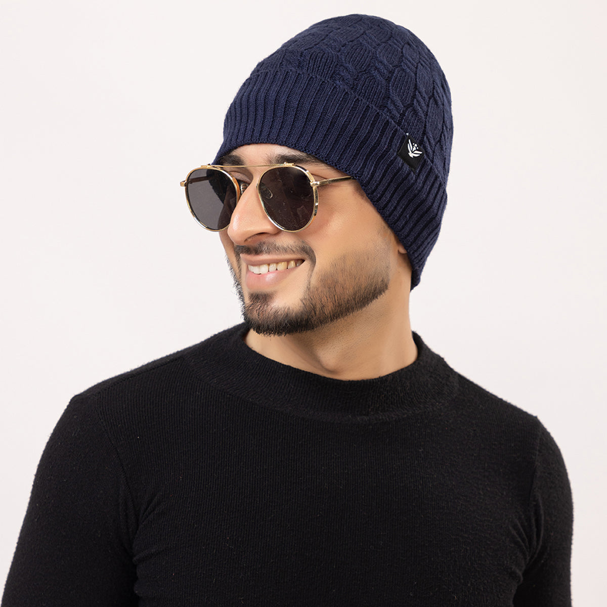 Unisex Dark Blue Winter Wool Cap | Warm Soft Stretch Beanie with Braid Design