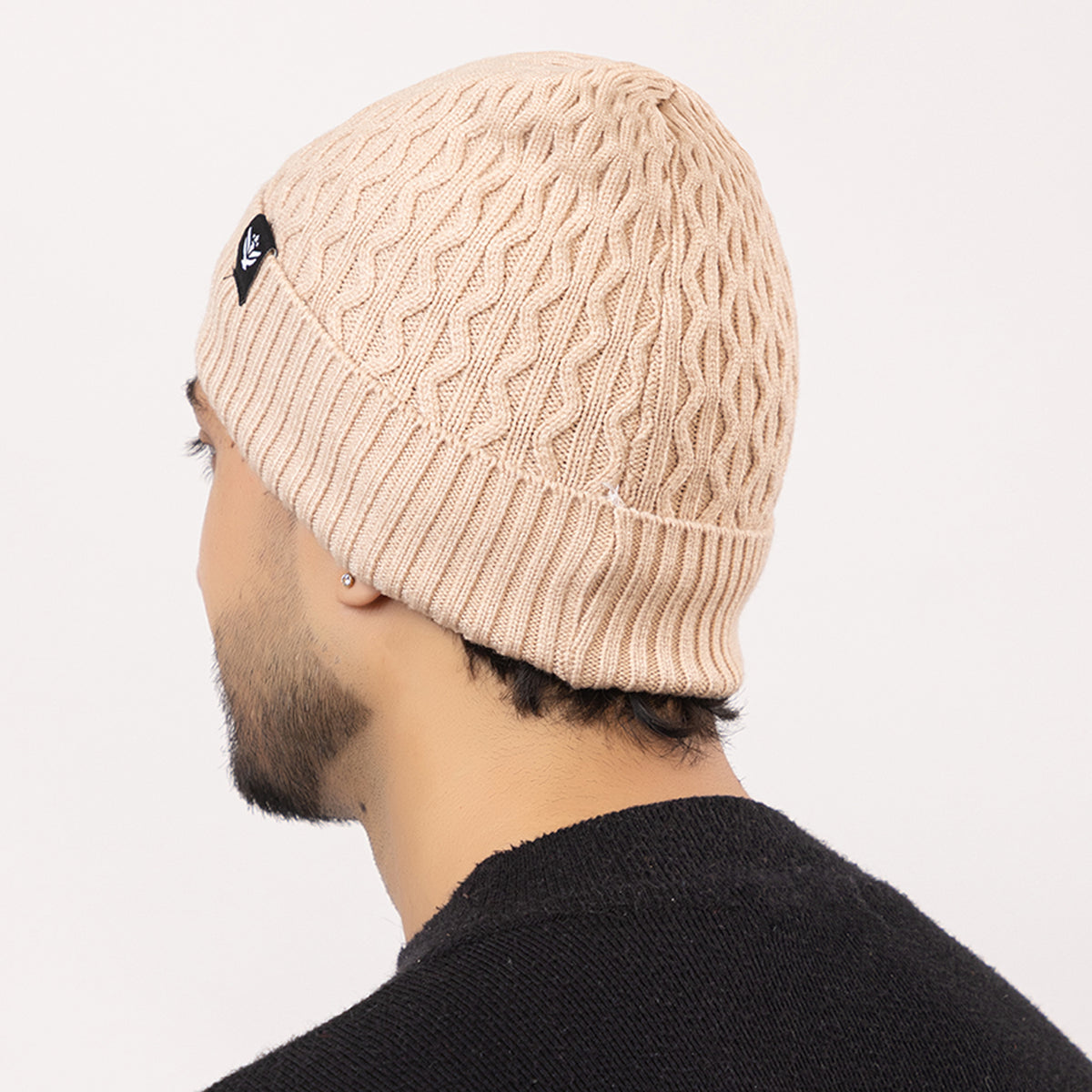 Unisex Woolen Beanie Cap | Warm Winter Hat | Zigzag Design - Beige