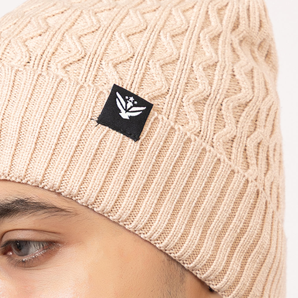 Unisex Woolen Beanie Cap | Warm Winter Hat | Zigzag Design - Beige
