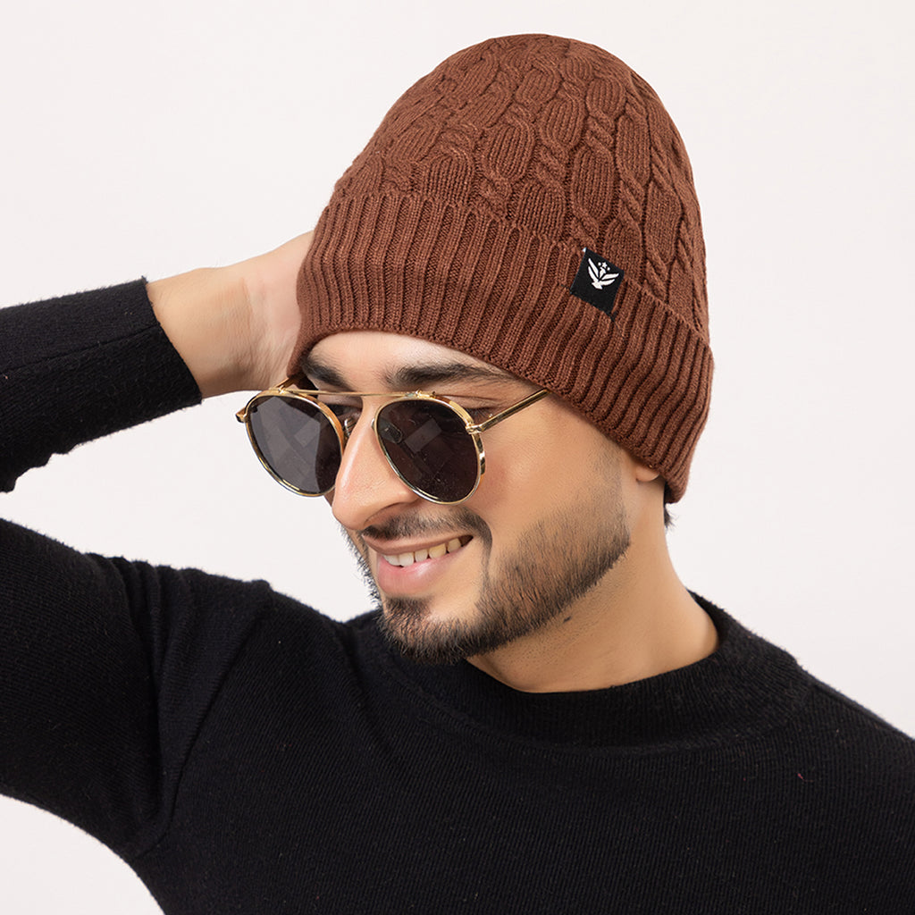 Unisex Brown Winter Wool Cap | Warm Soft Stretch Beanie with Braid Design