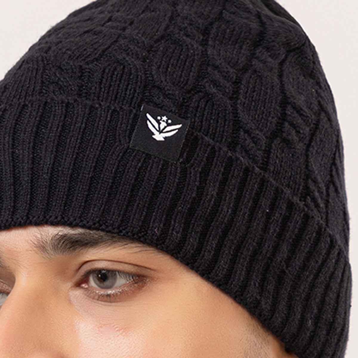 Unisex Black Winter Wool Cap | Warm Soft Stretch Beanie with Braid Design