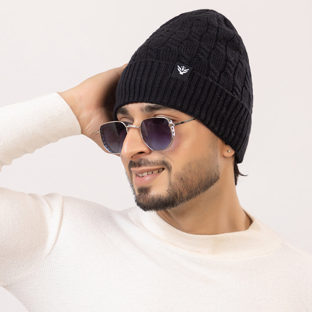Unisex Black Winter Wool Cap | Warm Soft Stretch Beanie with Braid Design