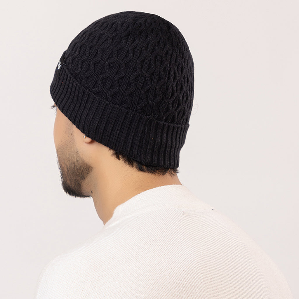 Unisex Woolen Beanie Cap | Warm Winter Hat | Zigzag Design - Black