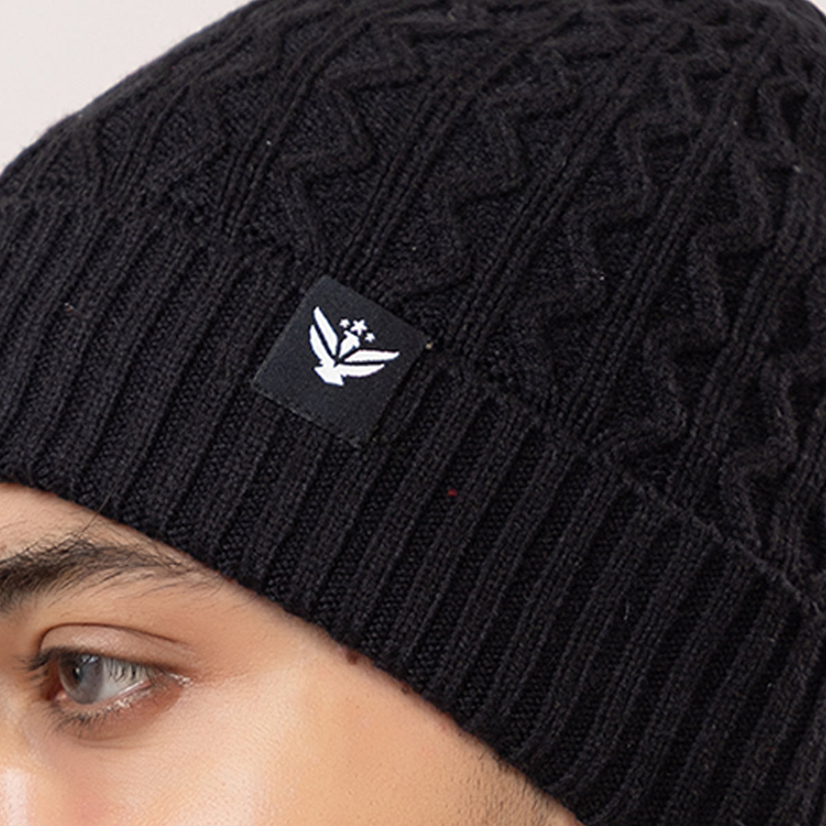 Unisex Woolen Beanie Cap | Warm Winter Hat | Zigzag Design - Black