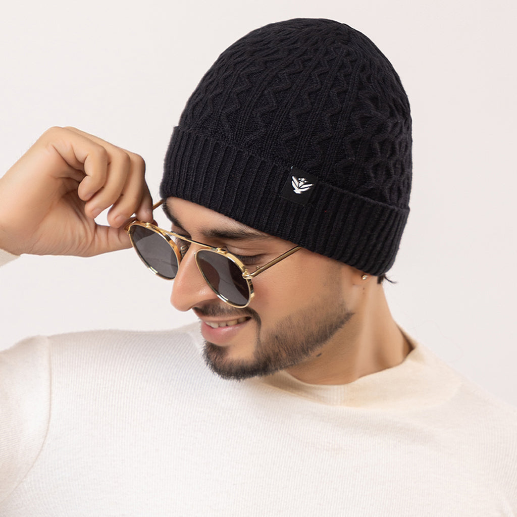 Unisex Woolen Beanie Cap | Warm Winter Hat | Zigzag Design - Black
