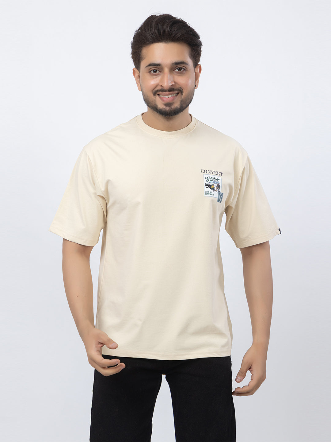 Men Oversized/Drop Shoulder Printed T-Shirt - Cream