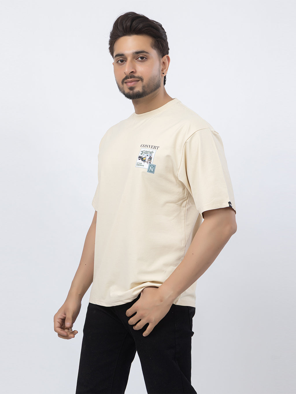 Men Oversized/Drop Shoulder Printed T-Shirt - Cream