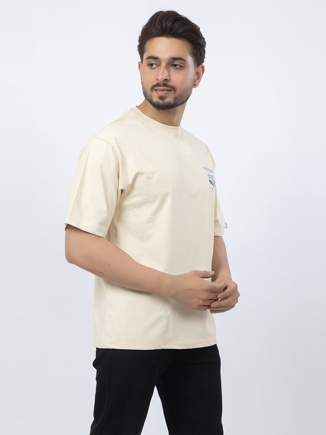 Men Oversized/Drop Shoulder Printed T-Shirt - Cream