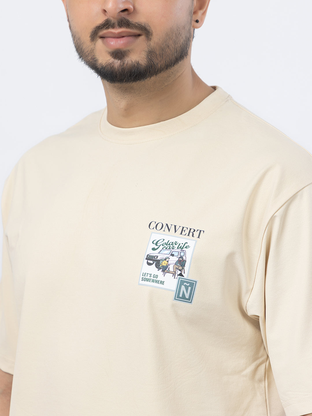 Men Oversized/Drop Shoulder Printed T-Shirt - Cream