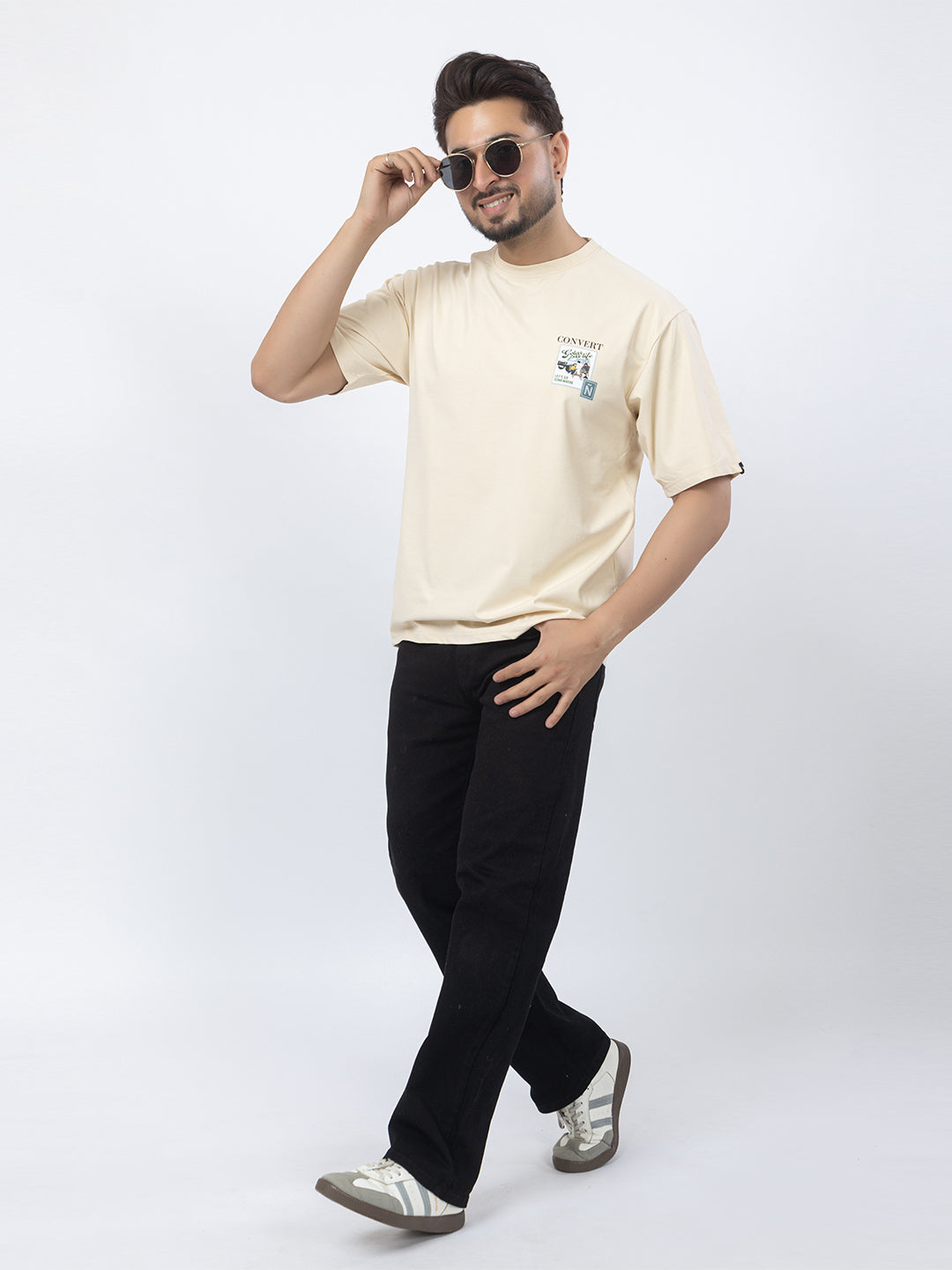 Men Oversized/Drop Shoulder Printed T-Shirt - Cream