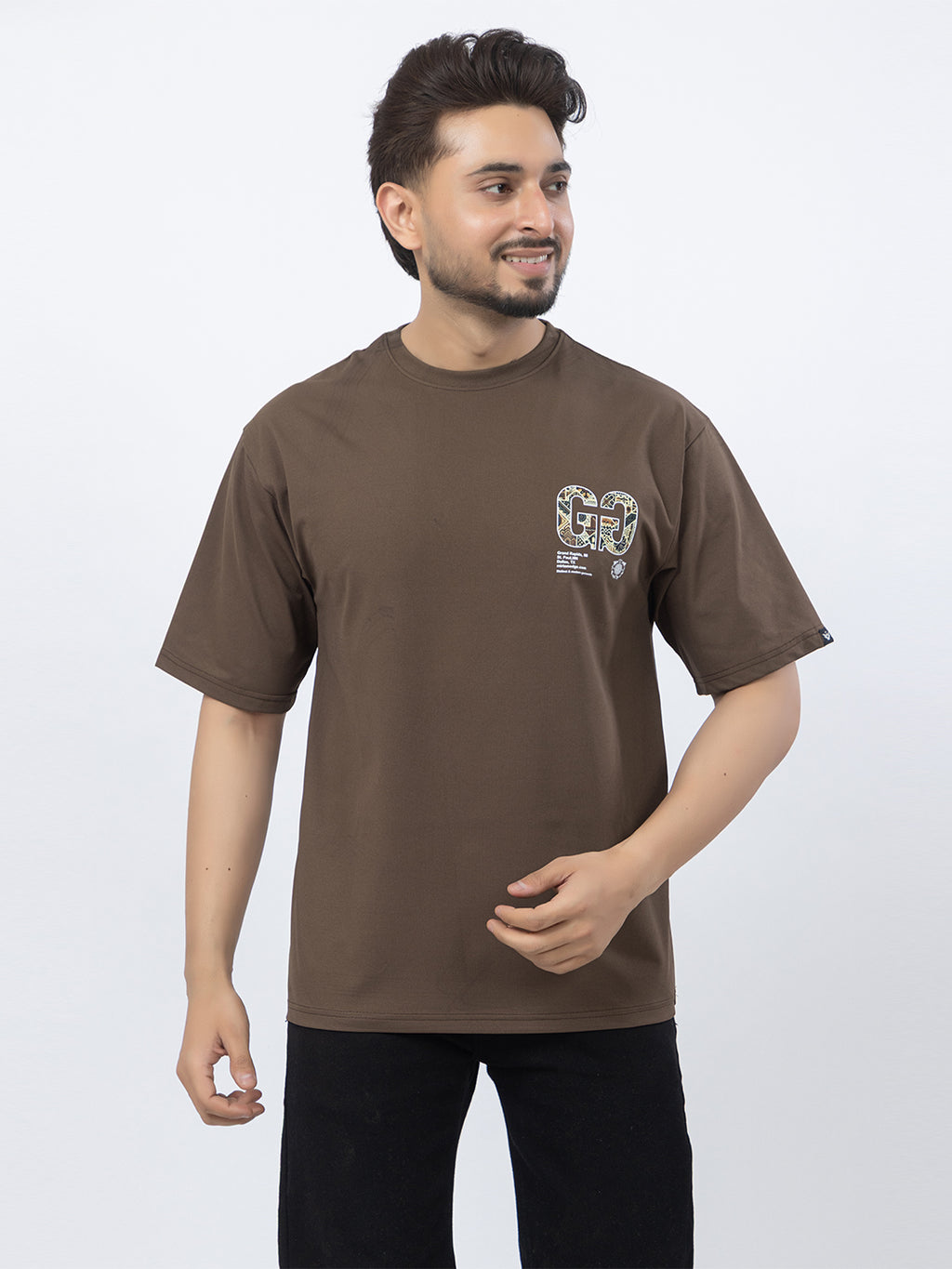 Men Oversized/Drop Shoulder Printed T-Shirt - Brown