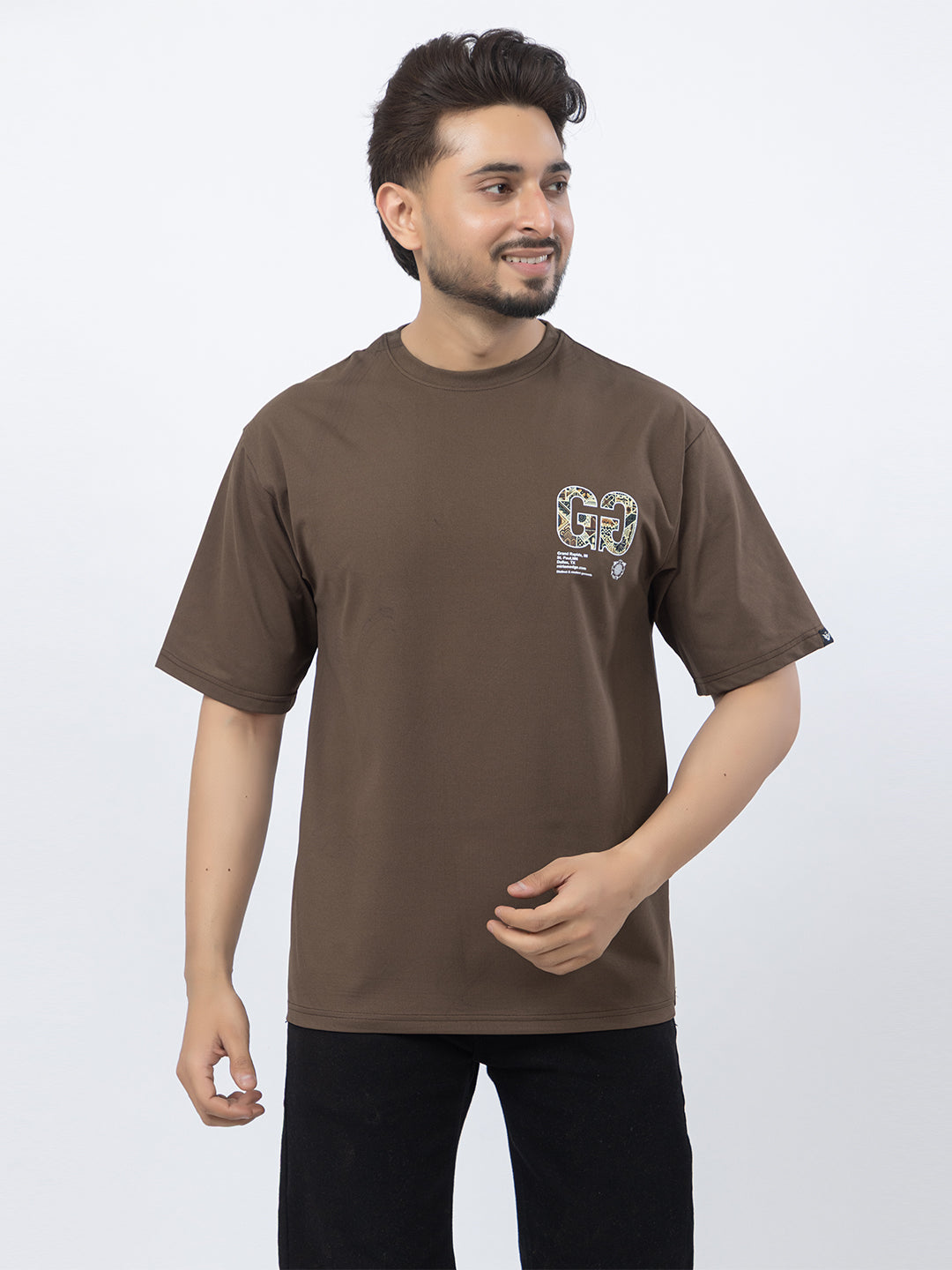 Men Oversized/Drop Shoulder Printed T-Shirt - Brown