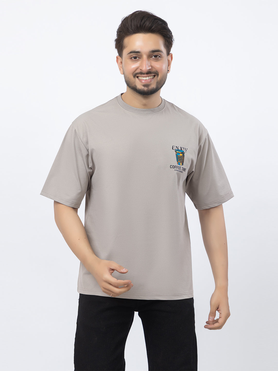 Men Oversized/Drop Shoulder Printed T-Shirt - Light Grey