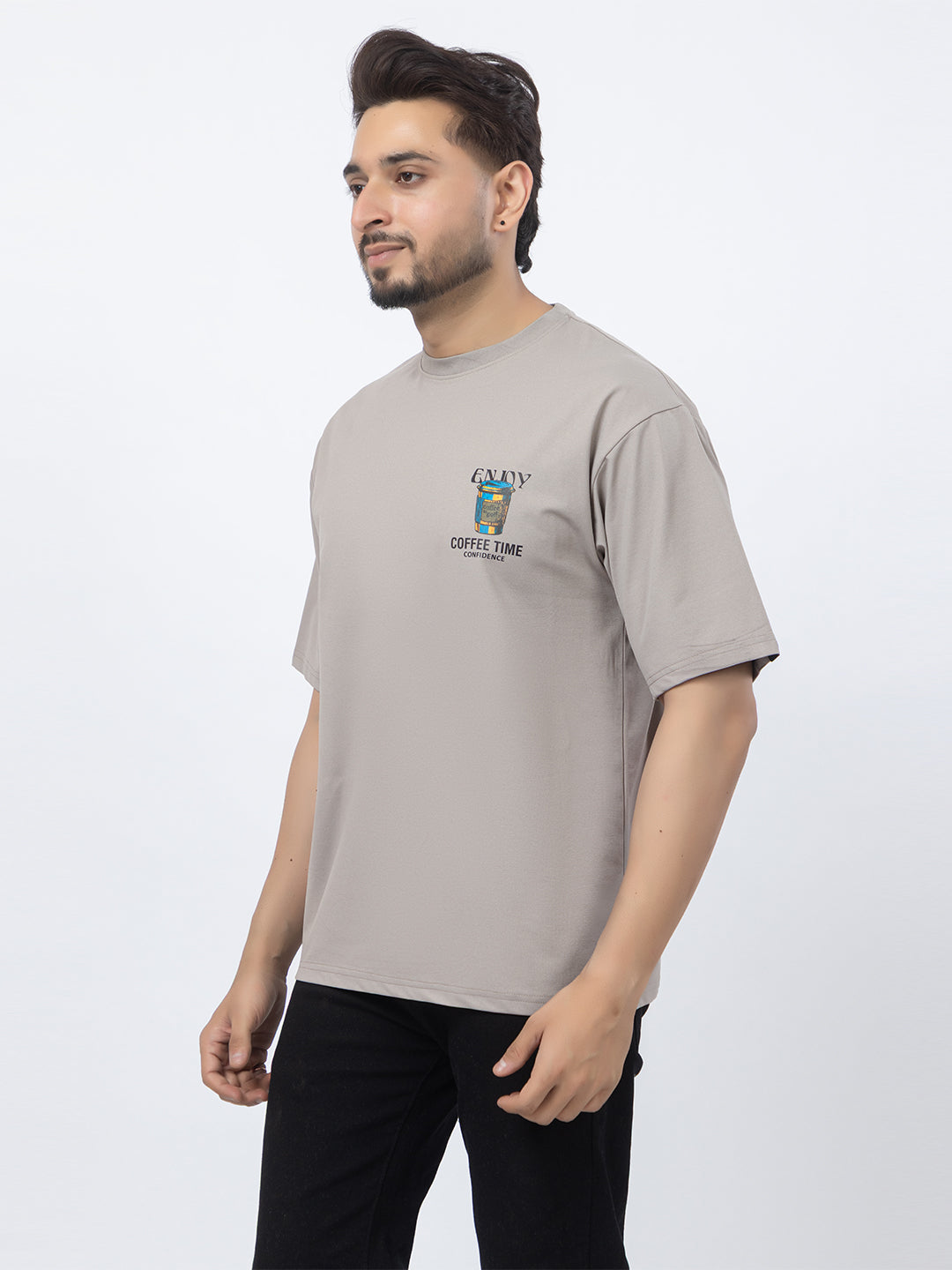 Men Oversized/Drop Shoulder Printed T-Shirt - Light Grey