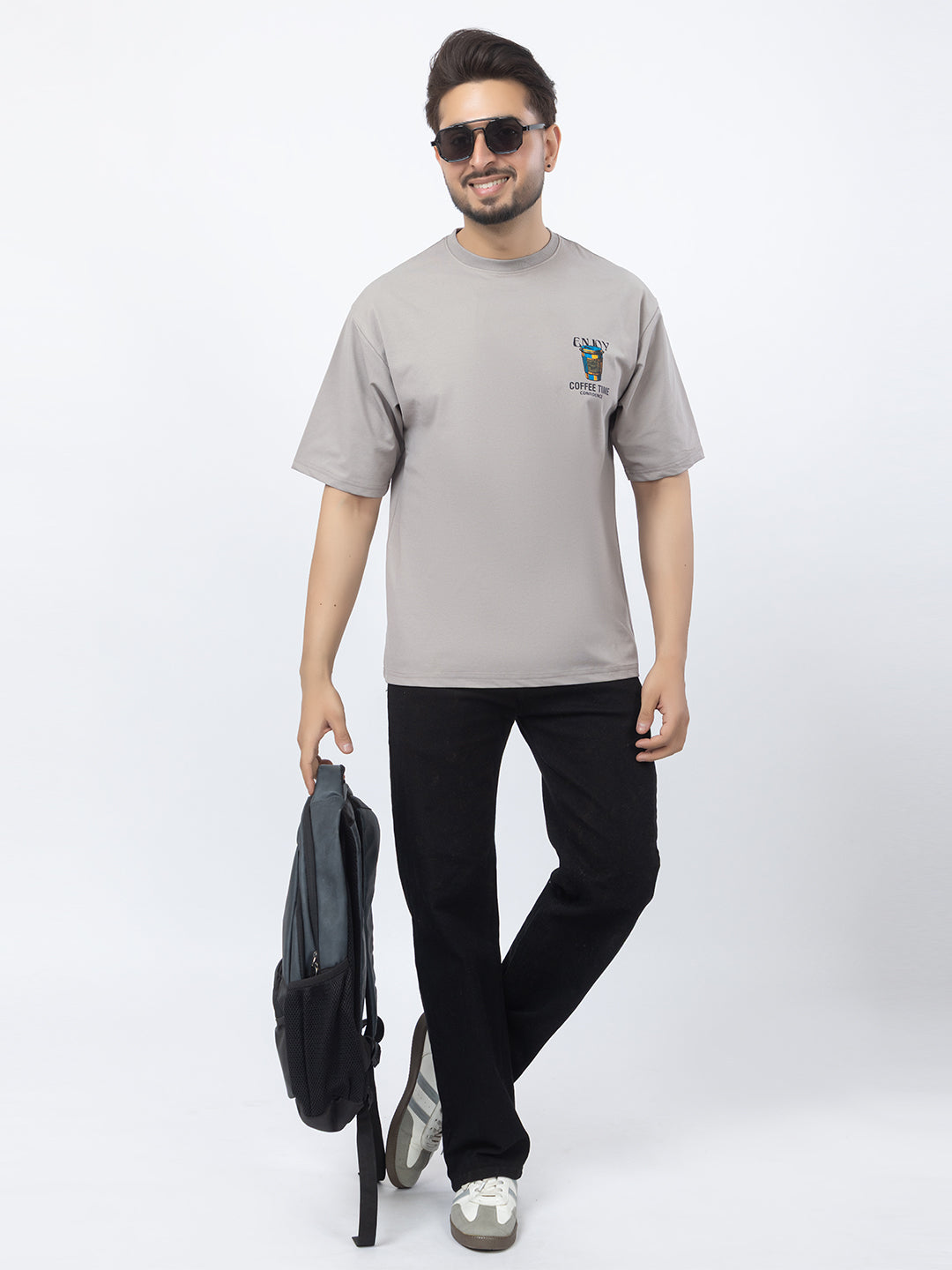 Men Oversized/Drop Shoulder Printed T-Shirt - Light Grey