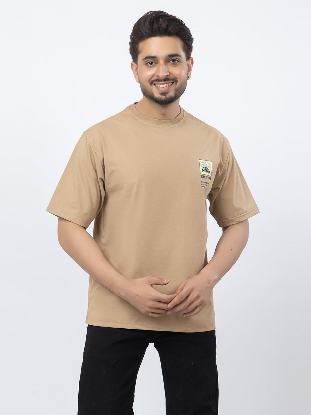 Men Oversized/Drop Shoulder Printed T-Shirt - Beige
