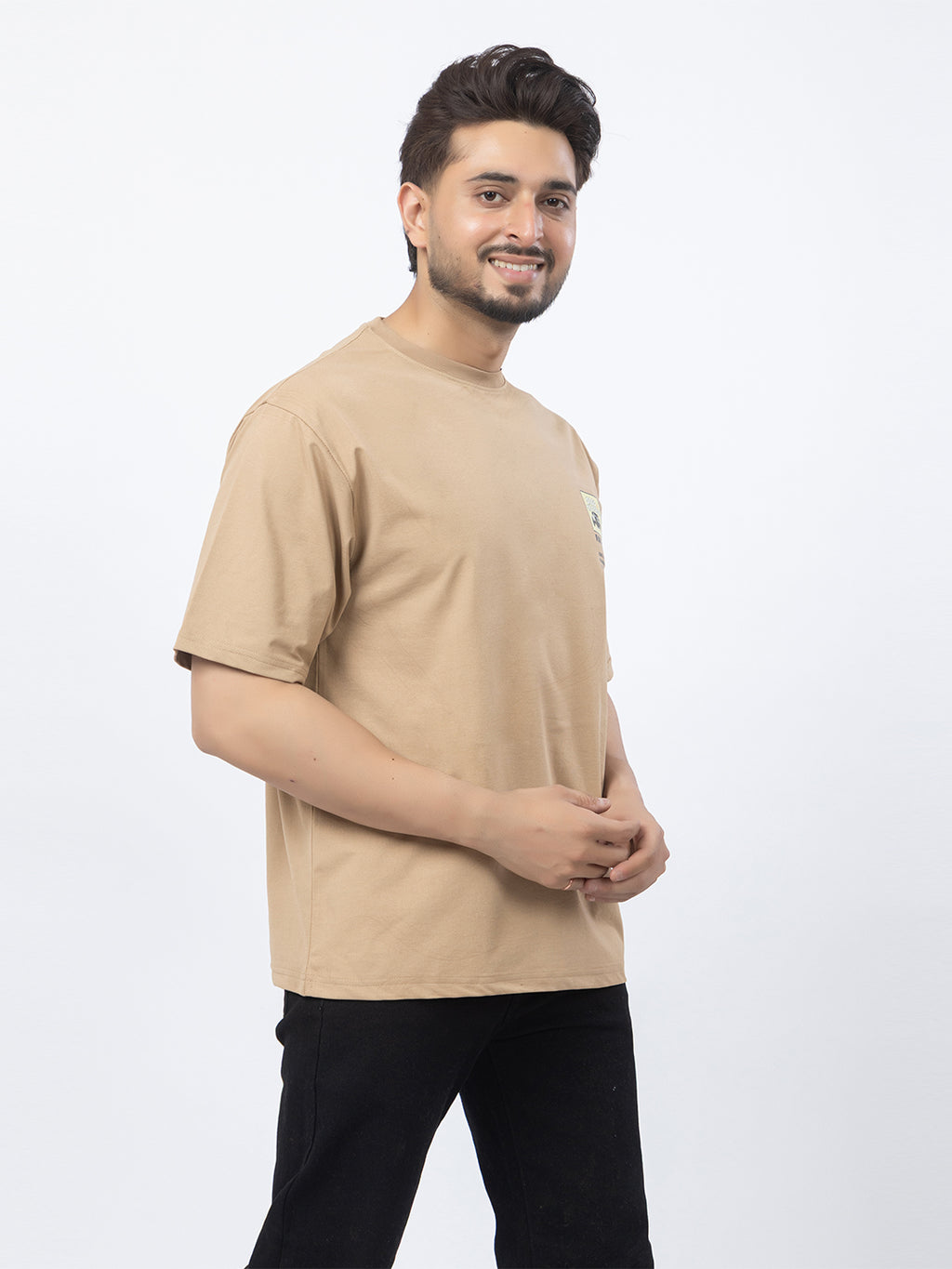 Men Oversized/Drop Shoulder Printed T-Shirt - Beige