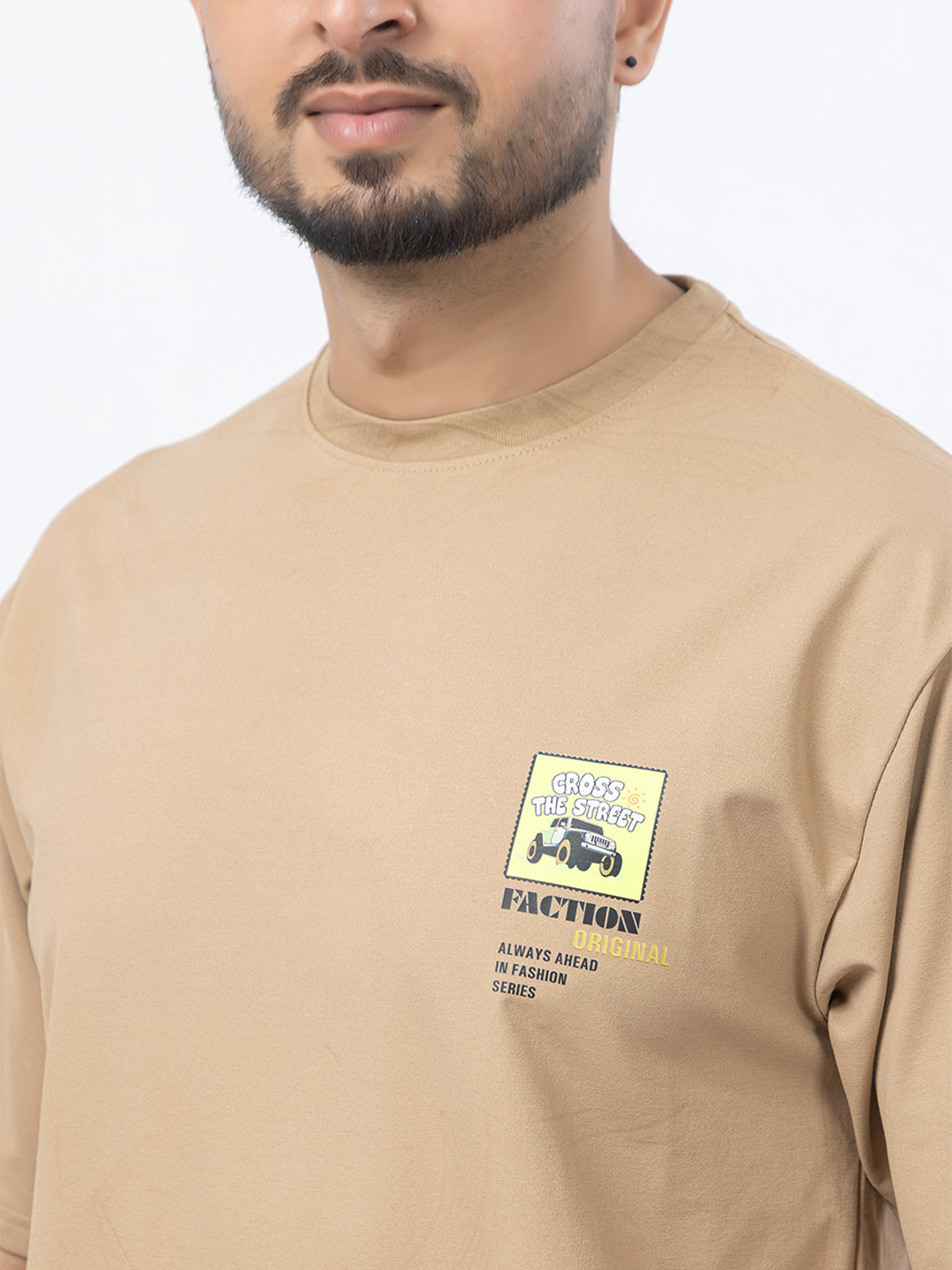 Men Oversized/Drop Shoulder Printed T-Shirt - Beige