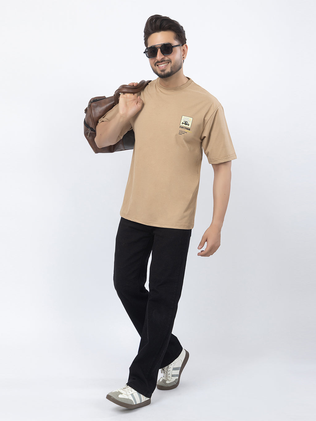 Men Oversized/Drop Shoulder Printed T-Shirt - Beige