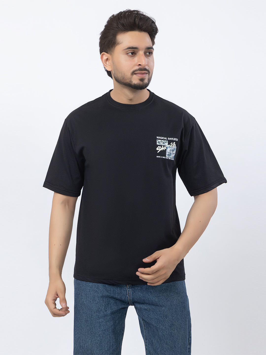 Men Oversized/Drop Shoulder Printed T-Shirt - Black