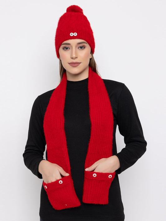 Woolen Pocket Muffler Cap for Women- Red | AMOLDO