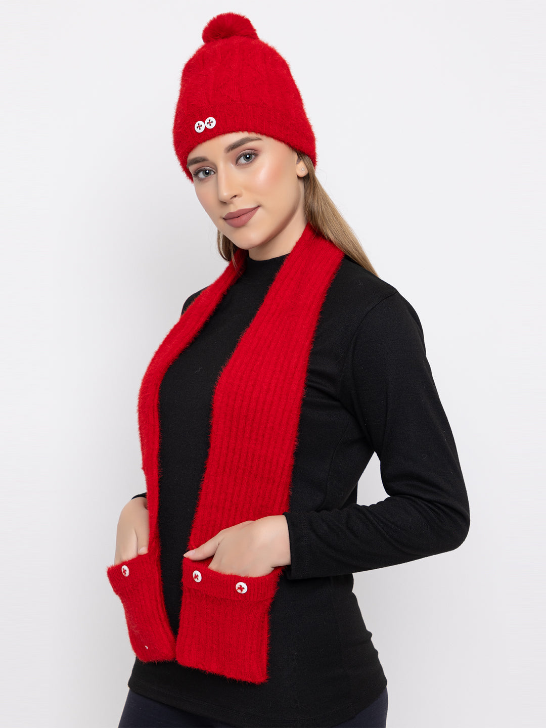 Woolen Pocket Muffler Cap for Women- Red | AMOLDO