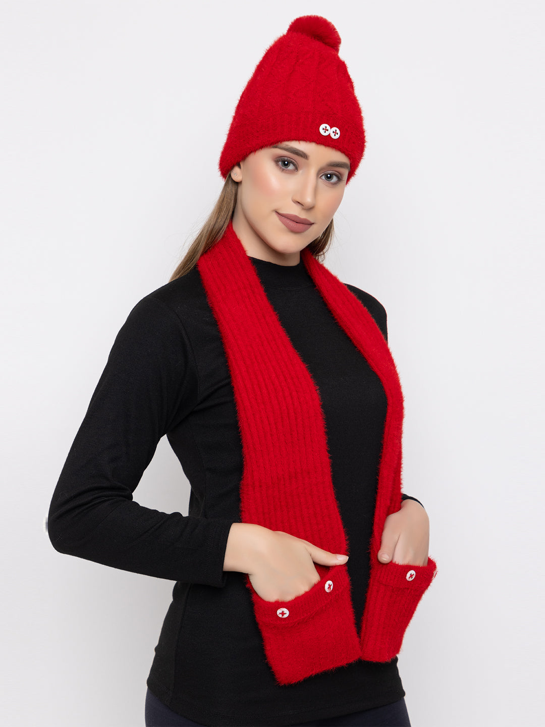 Woolen Pocket Muffler Cap for Women- Red | AMOLDO