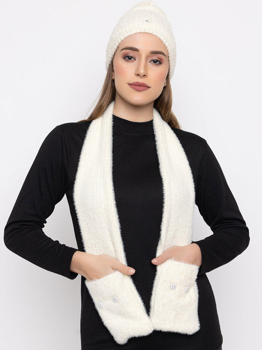 Woolen Pocket Muffler Cap for Women- Cream | AMOLDO