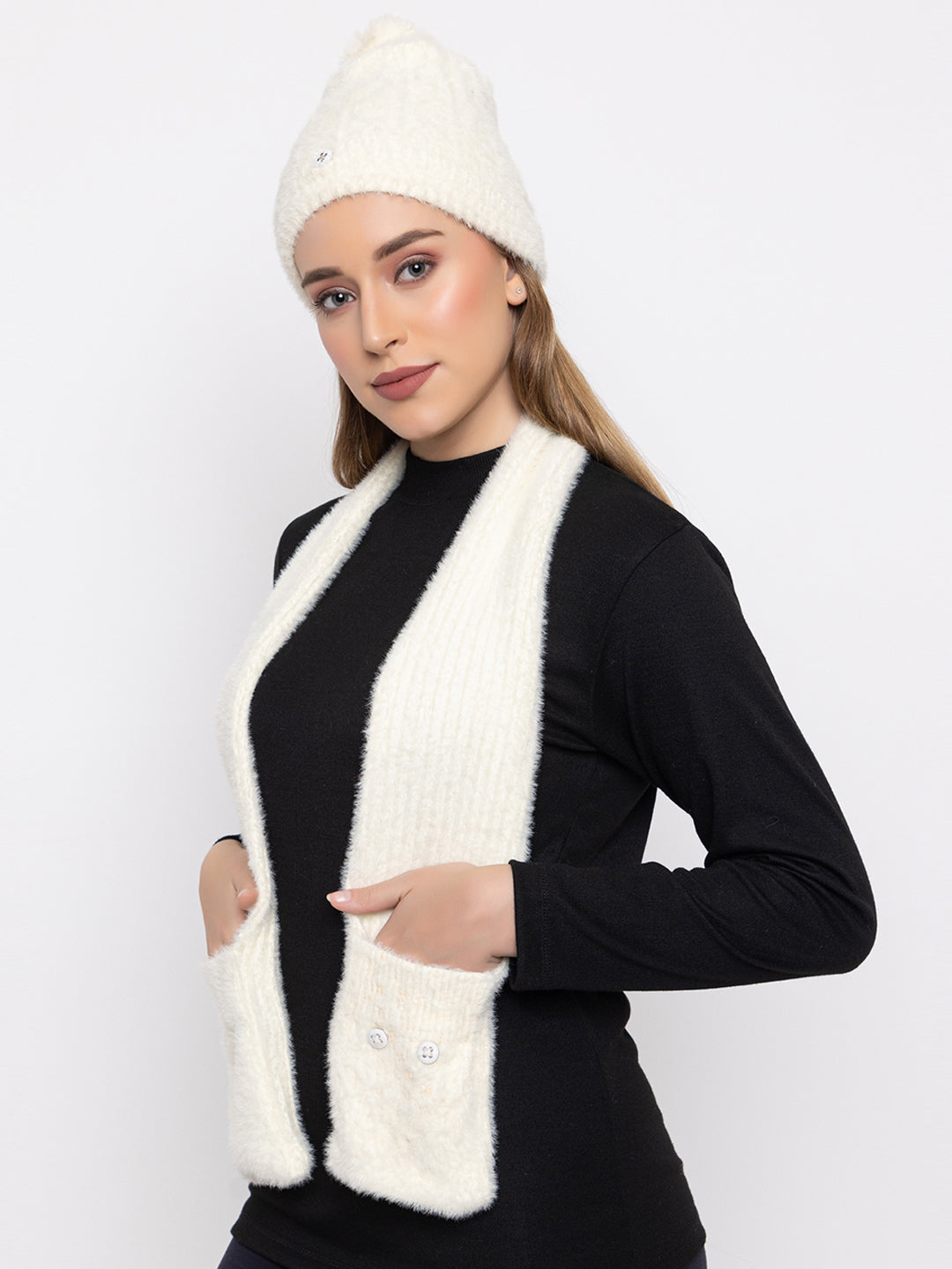 Woolen Pocket Muffler Cap for Women- Cream | AMOLDO