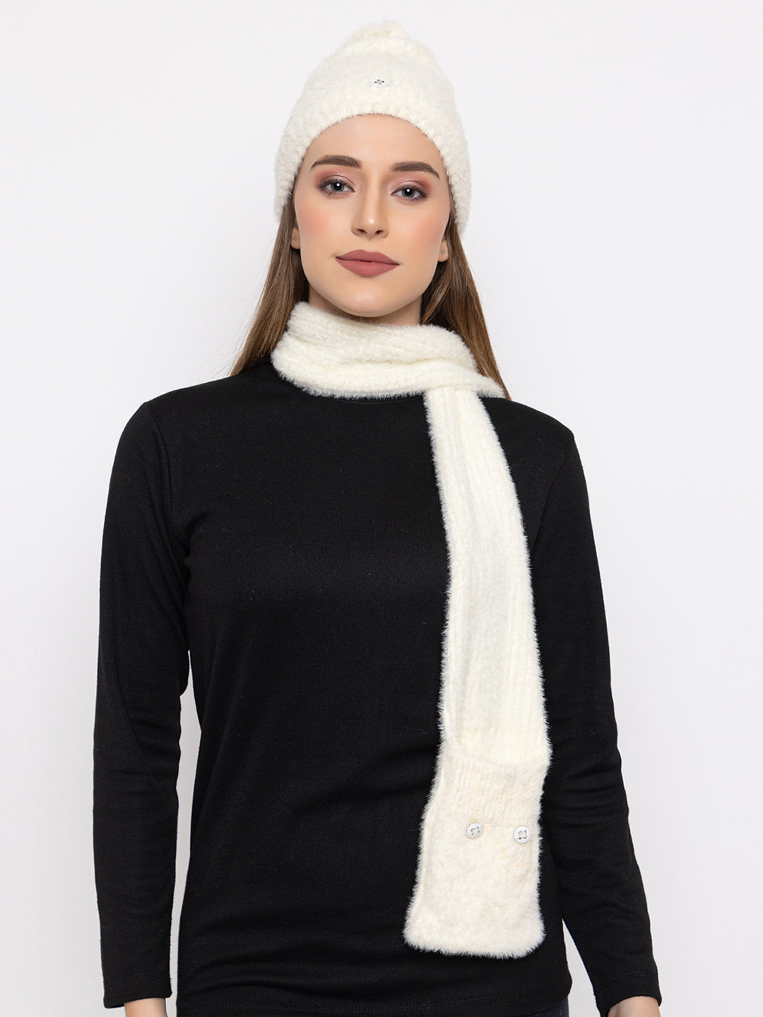 Woolen Pocket Muffler Cap for Women- Cream | AMOLDO