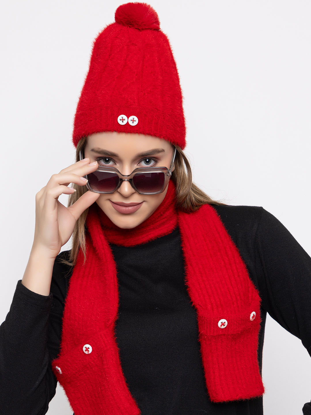 Woolen Pocket Muffler Cap for Women- Red | AMOLDO