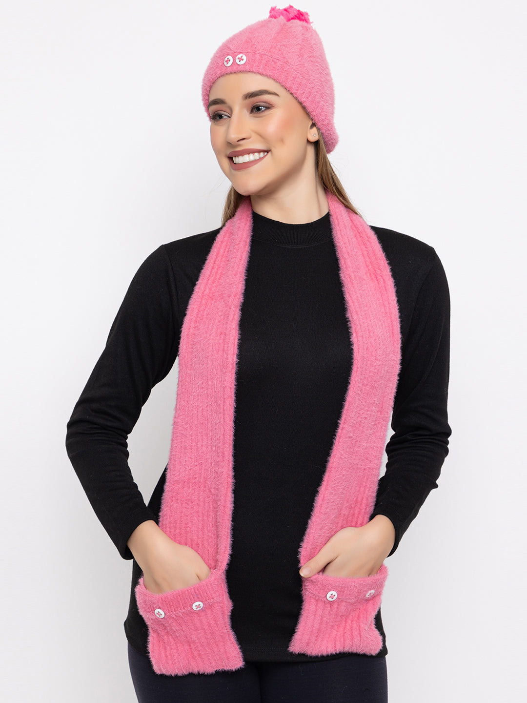 Woolen Pocket Muffler Cap for Women- Pink | AMOLDO