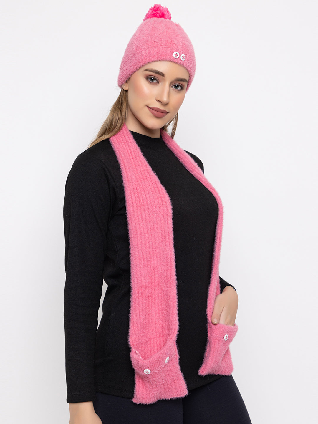 Woolen Pocket Muffler Cap for Women- Pink | AMOLDO