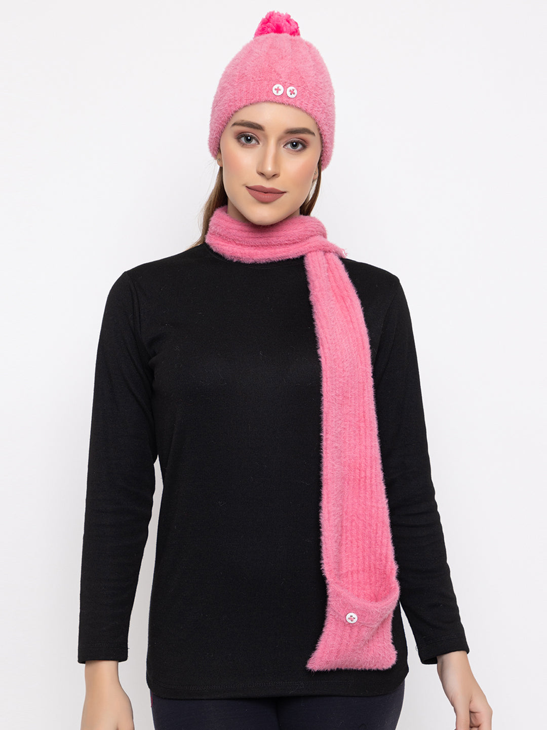 Woolen Pocket Muffler Cap for Women- Pink | AMOLDO