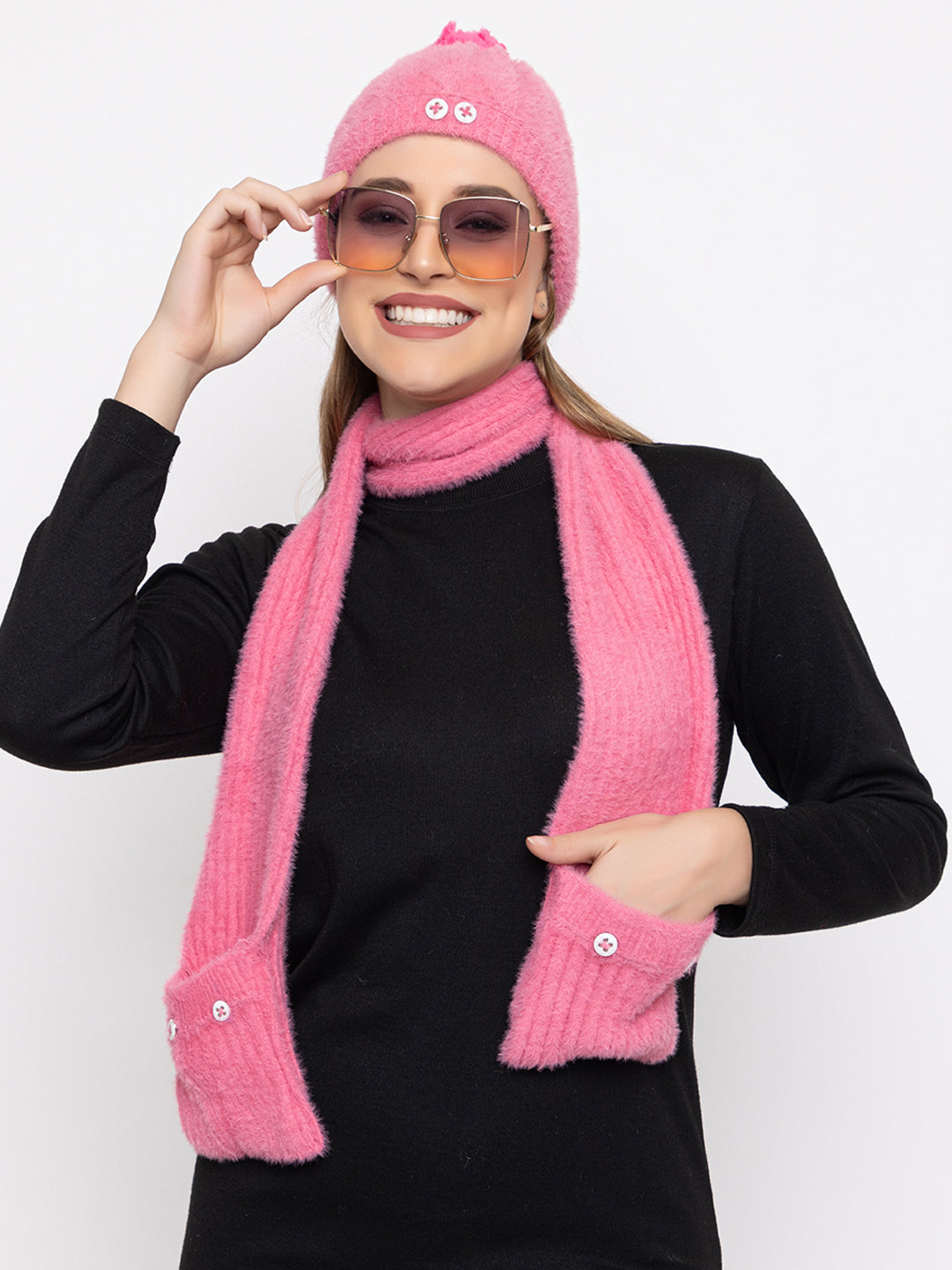 Woolen Pocket Muffler Cap for Women- Pink | AMOLDO