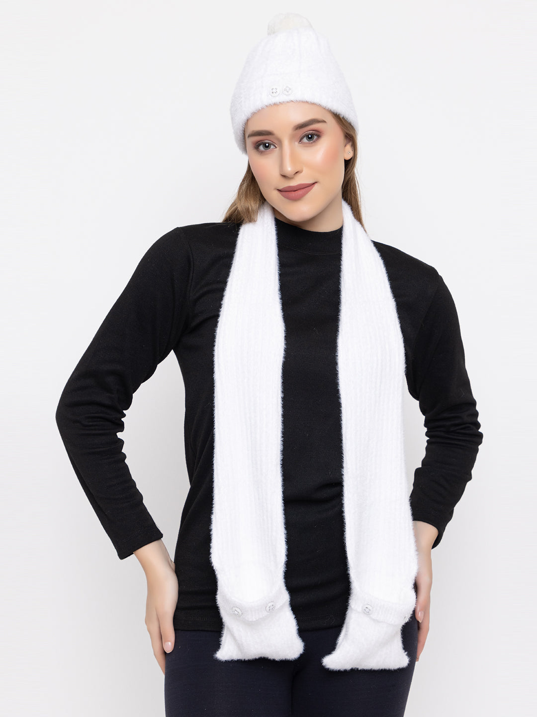 Woolen Pocket Muffler Cap for Women- White | AMOLDO