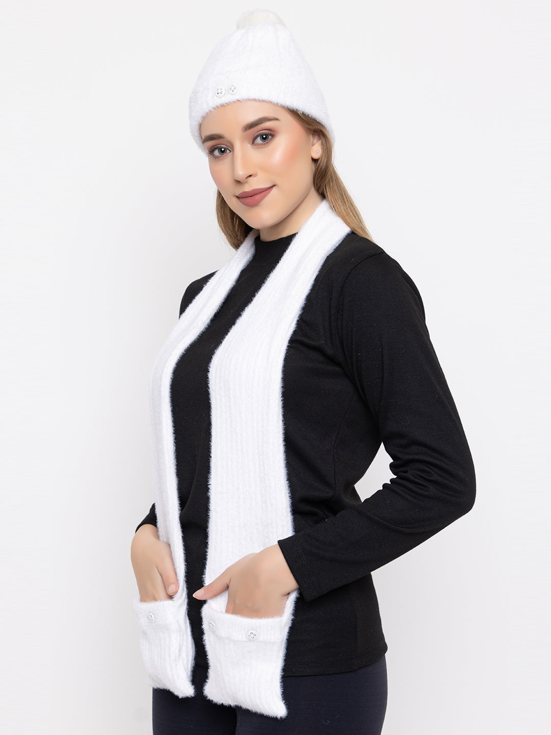 Woolen Pocket Muffler Cap for Women- White | AMOLDO