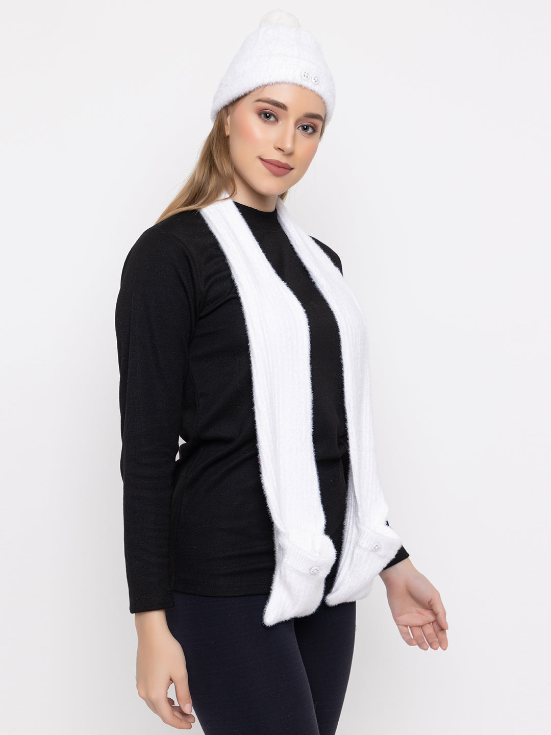 Woolen Pocket Muffler Cap for Women- White | AMOLDO