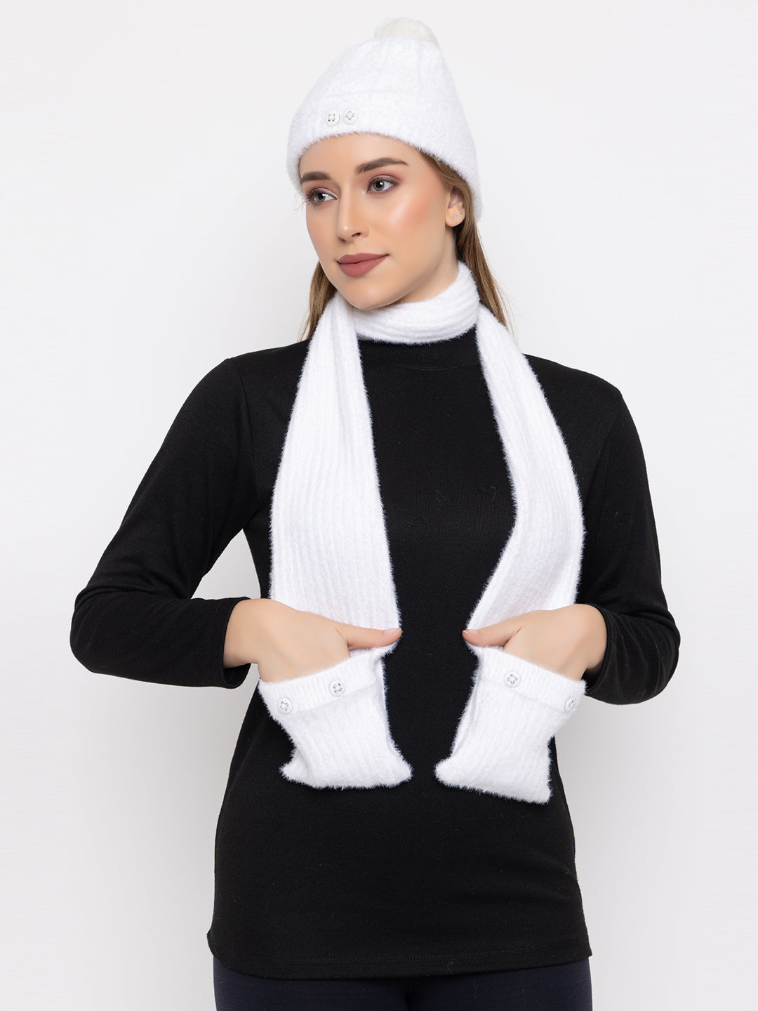 Woolen Pocket Muffler Cap for Women- White | AMOLDO