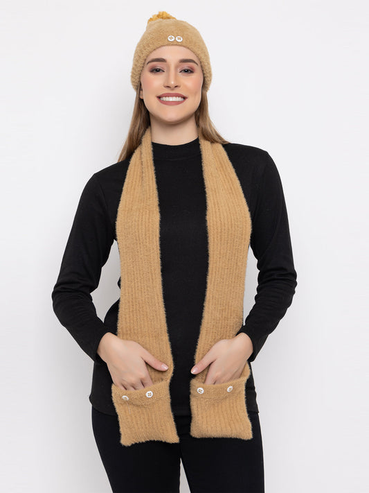 Woolen Pocket Muffler Cap for Women- Beige | AMOLDO