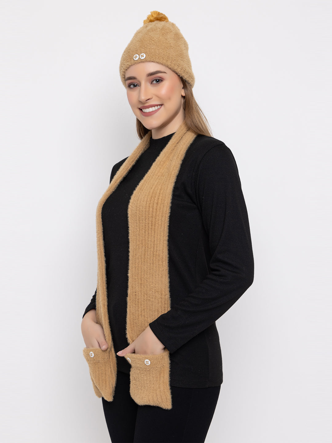 Woolen Pocket Muffler Cap for Women- Beige | AMOLDO