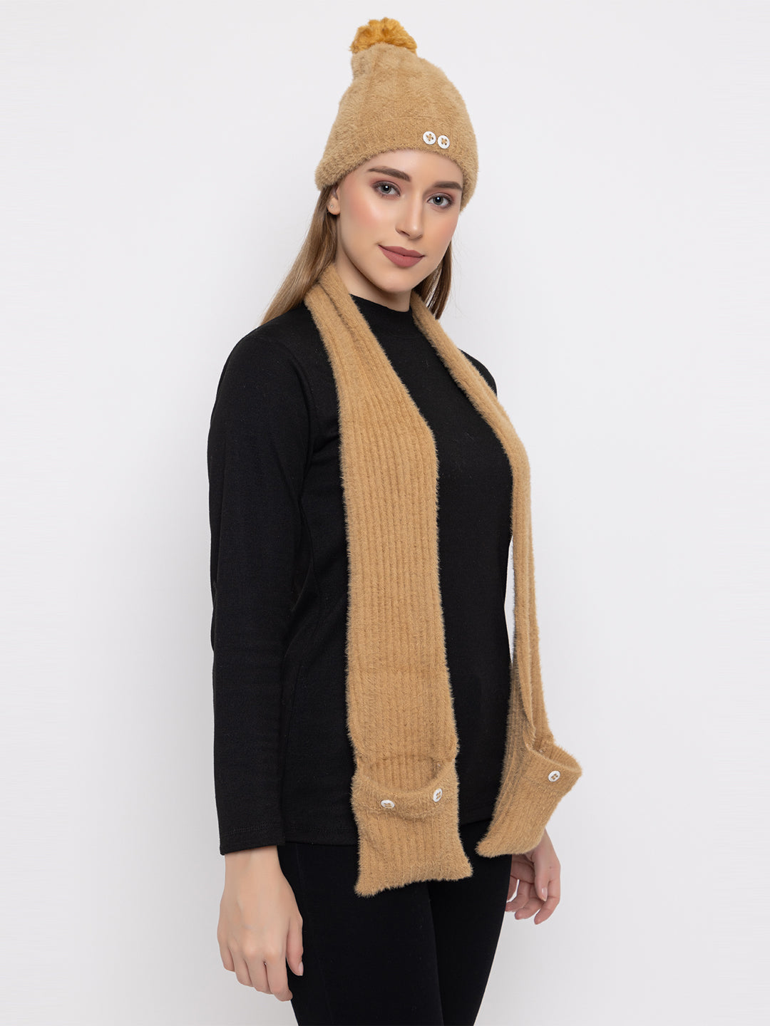 Woolen Pocket Muffler Cap for Women- Beige | AMOLDO