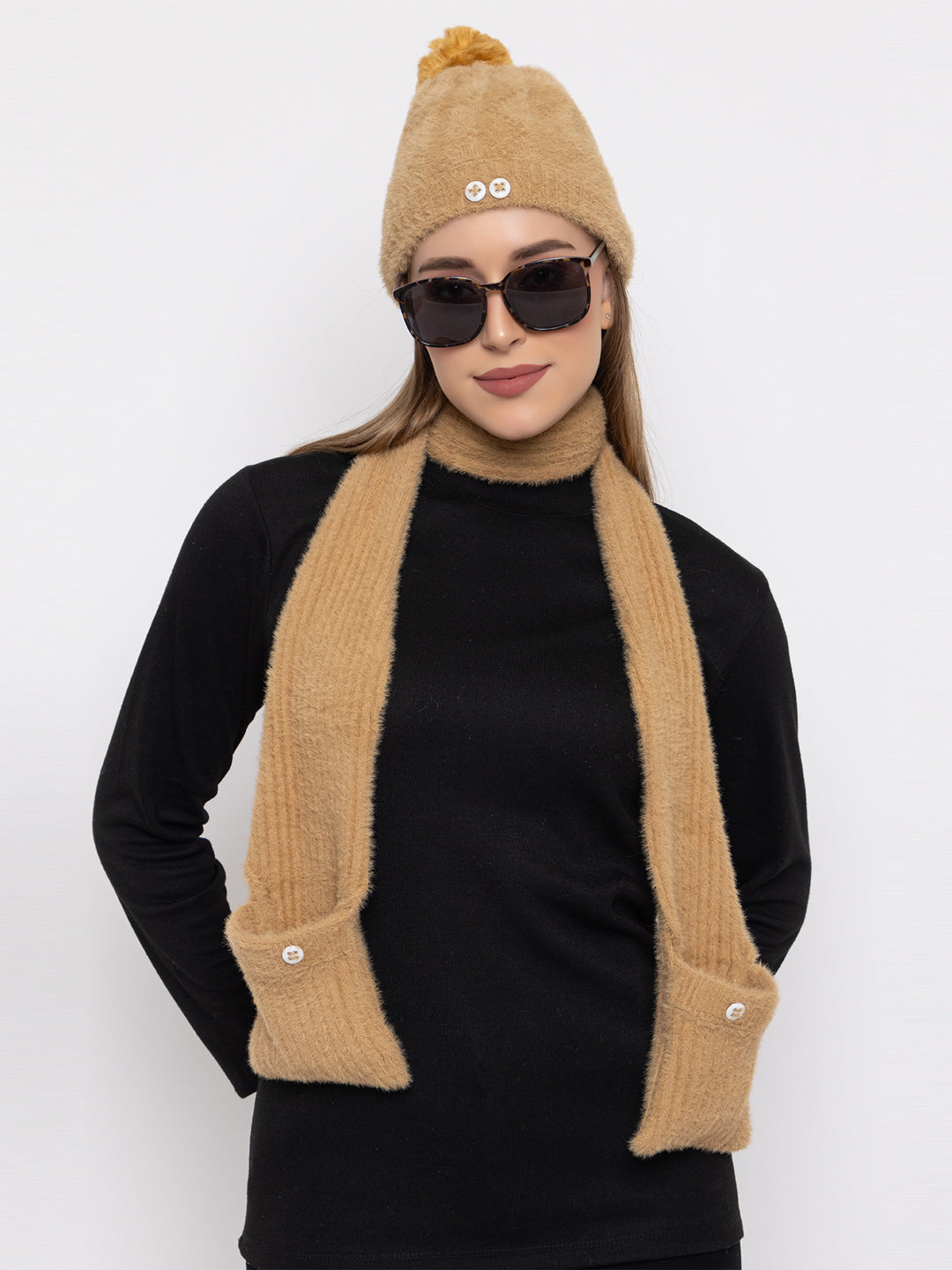 Woolen Pocket Muffler Cap for Women- Beige | AMOLDO