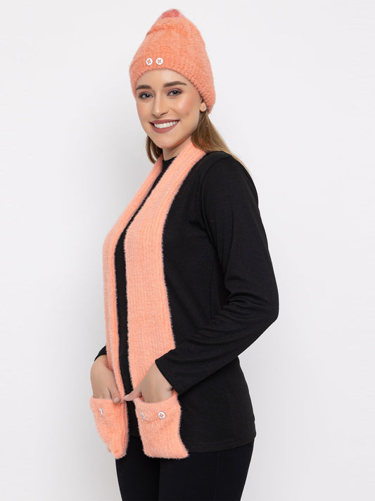 Woolen Pocket Muffler Cap for Women- Peach | AMOLDO