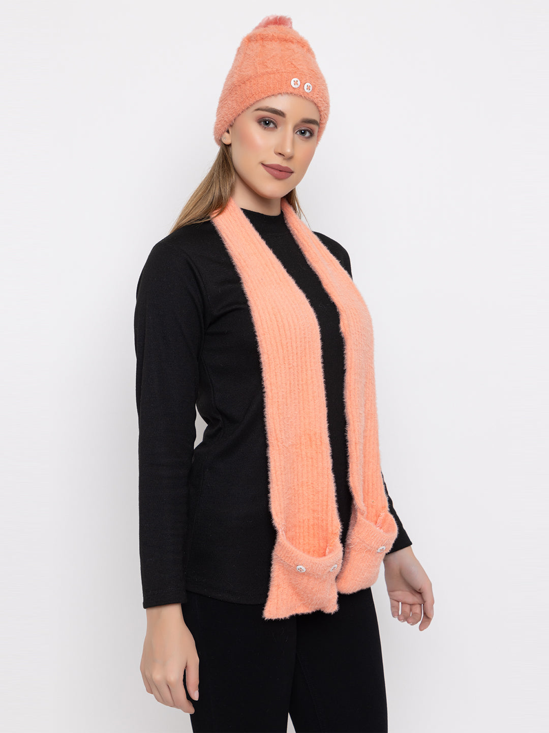 Woolen Pocket Muffler Cap for Women- Peach | AMOLDO